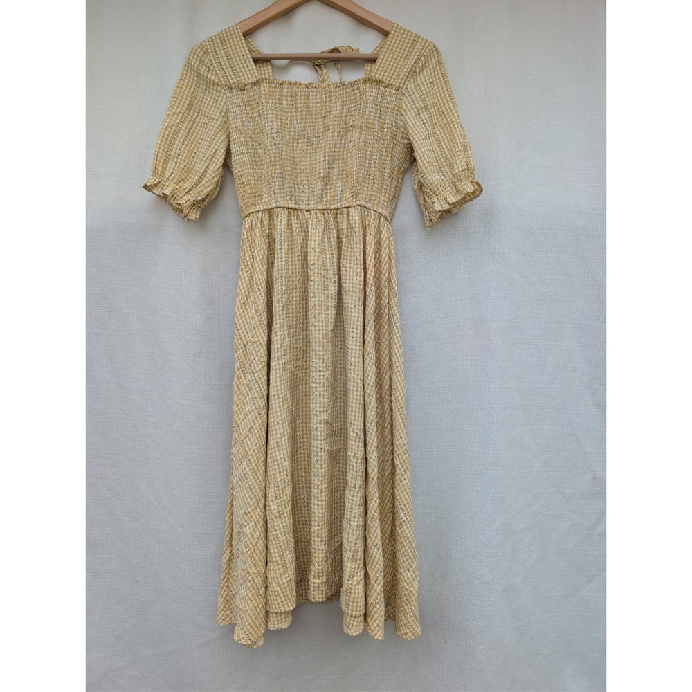 8 Seconds Smocked Midi Dress Womens F Yellow Gingham Rayon Blend Cottagecore